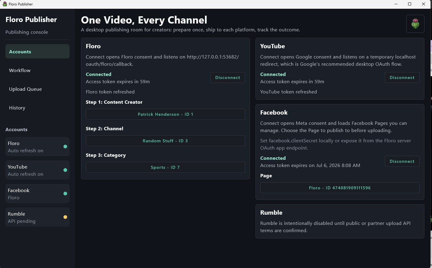Floro Publisher account connection screen for Floro, YouTube, Facebook, and Rumble