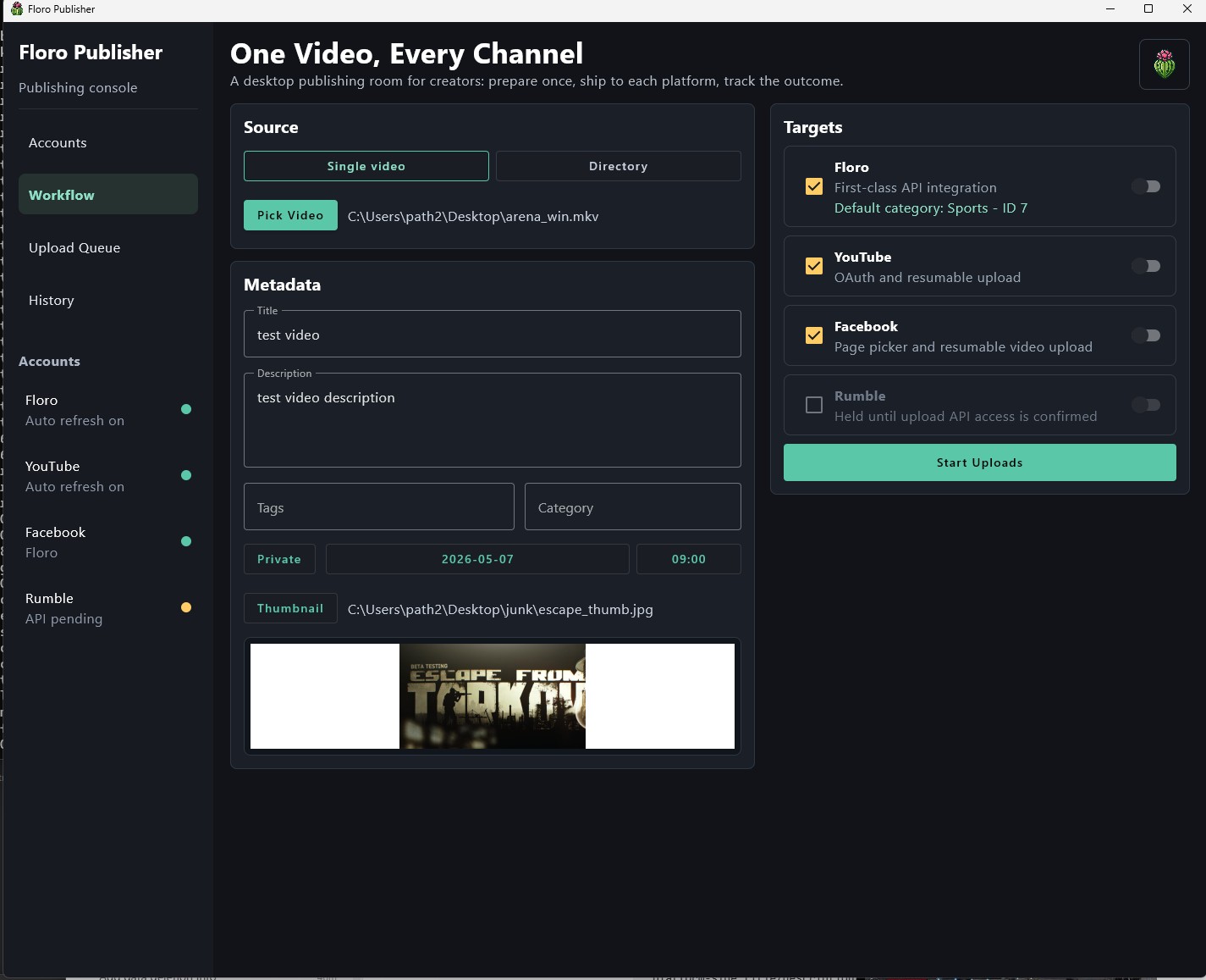 Floro Publisher workflow screen with source video picker, metadata fields, target toggles, and thumbnail preview