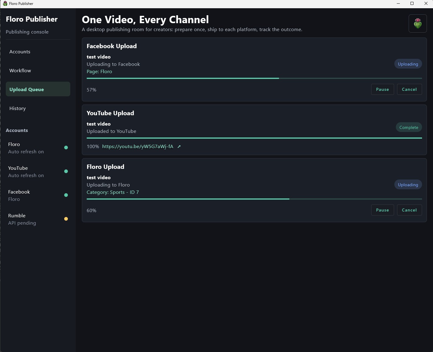 Floro Publisher upload queue with YouTube complete and Floro and Facebook uploads still progressing