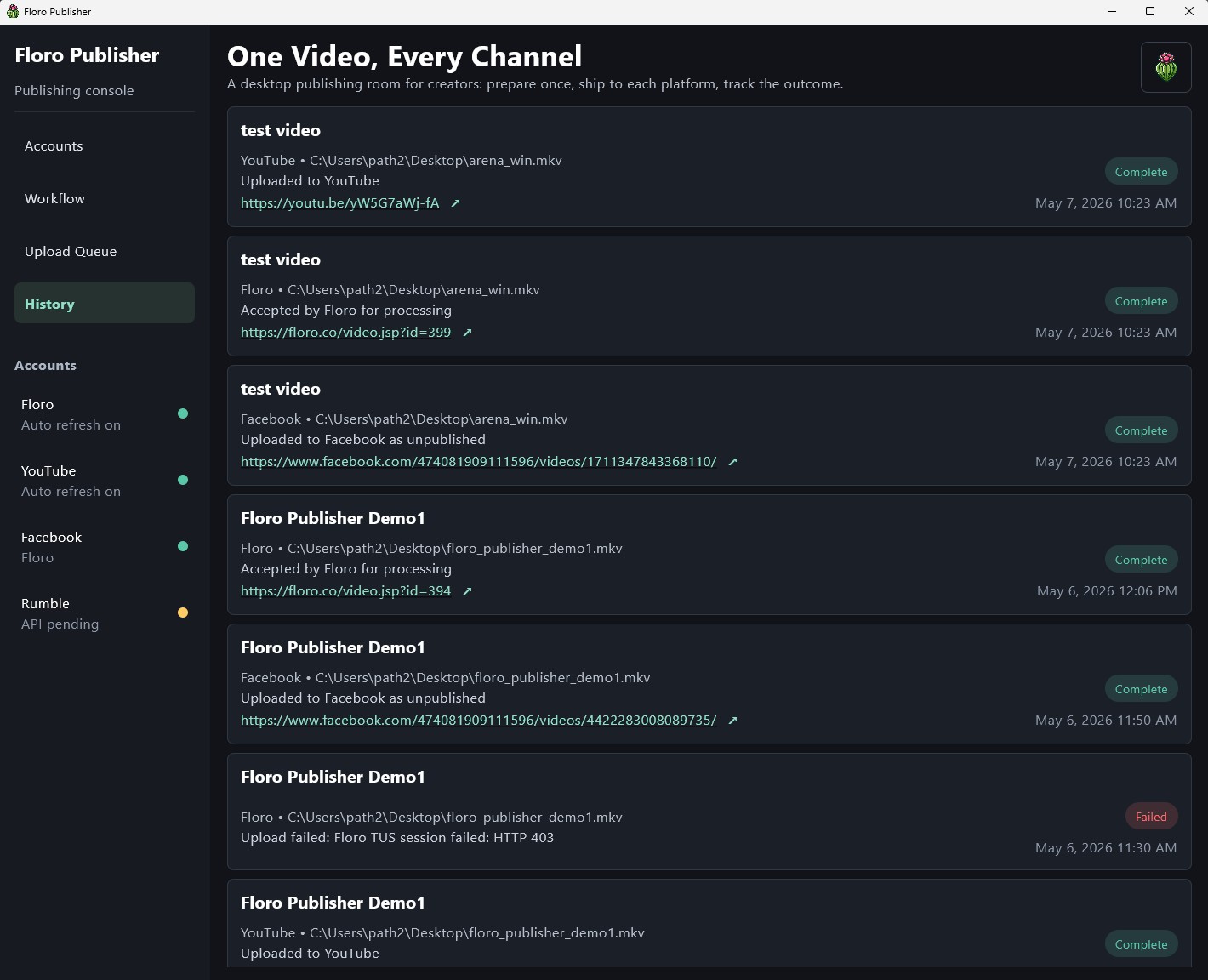 Floro Publisher history screen listing completed and failed publishing attempts with destination links